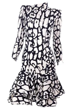 1980s Valentino Black & White Silk Abstract Print Ruffled Vintage Dress