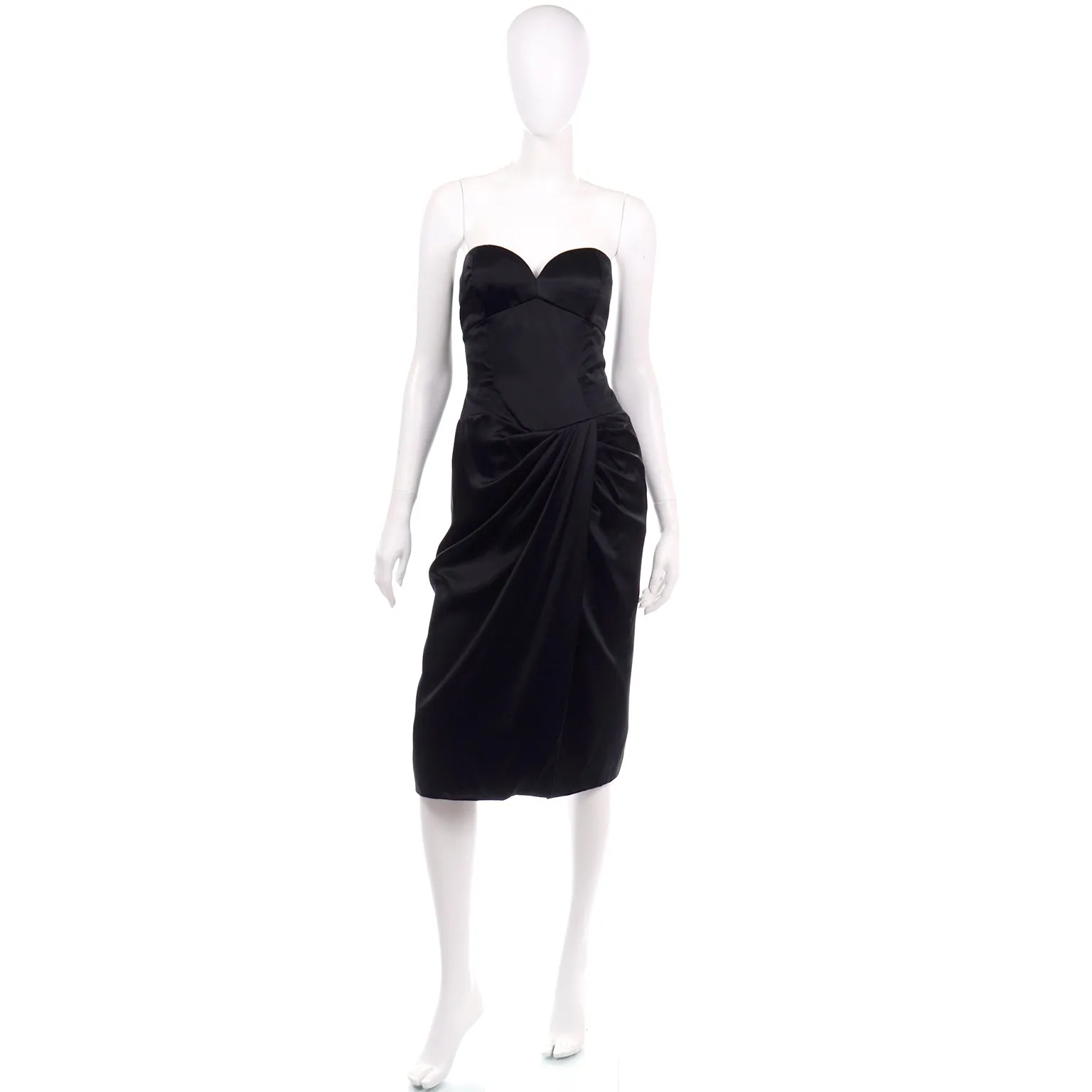 1980s Vicky Tiel Couture Vintage Black Satin Strapless Evening Dress