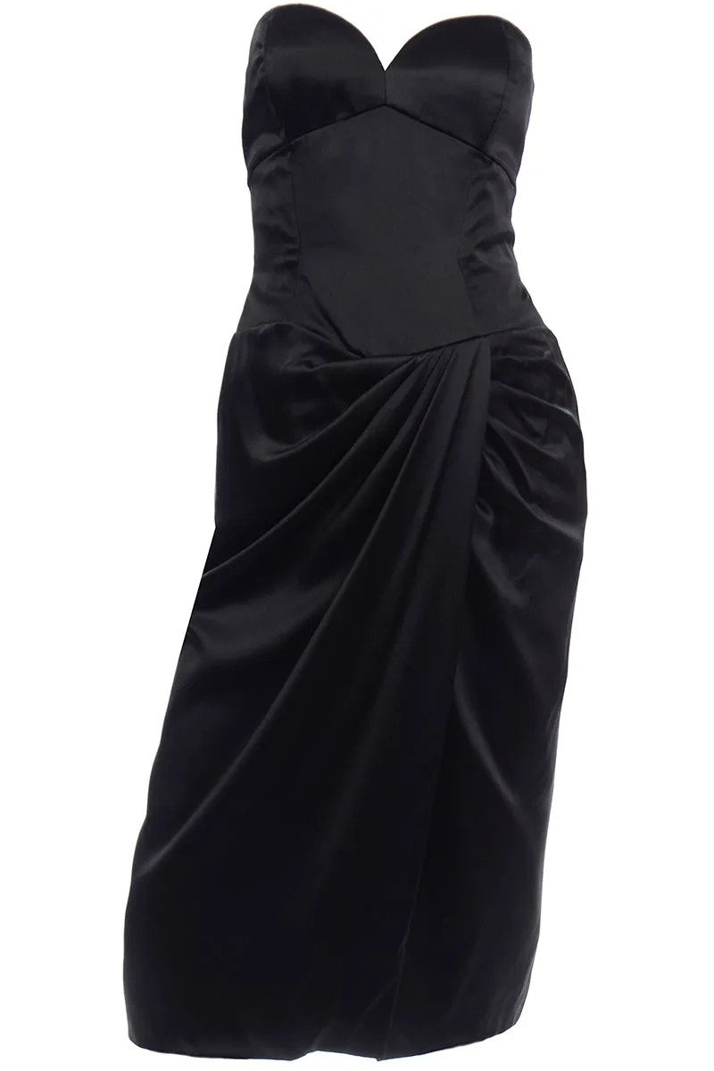 1980s Vicky Tiel Couture Vintage Black Satin Strapless Evening Dress