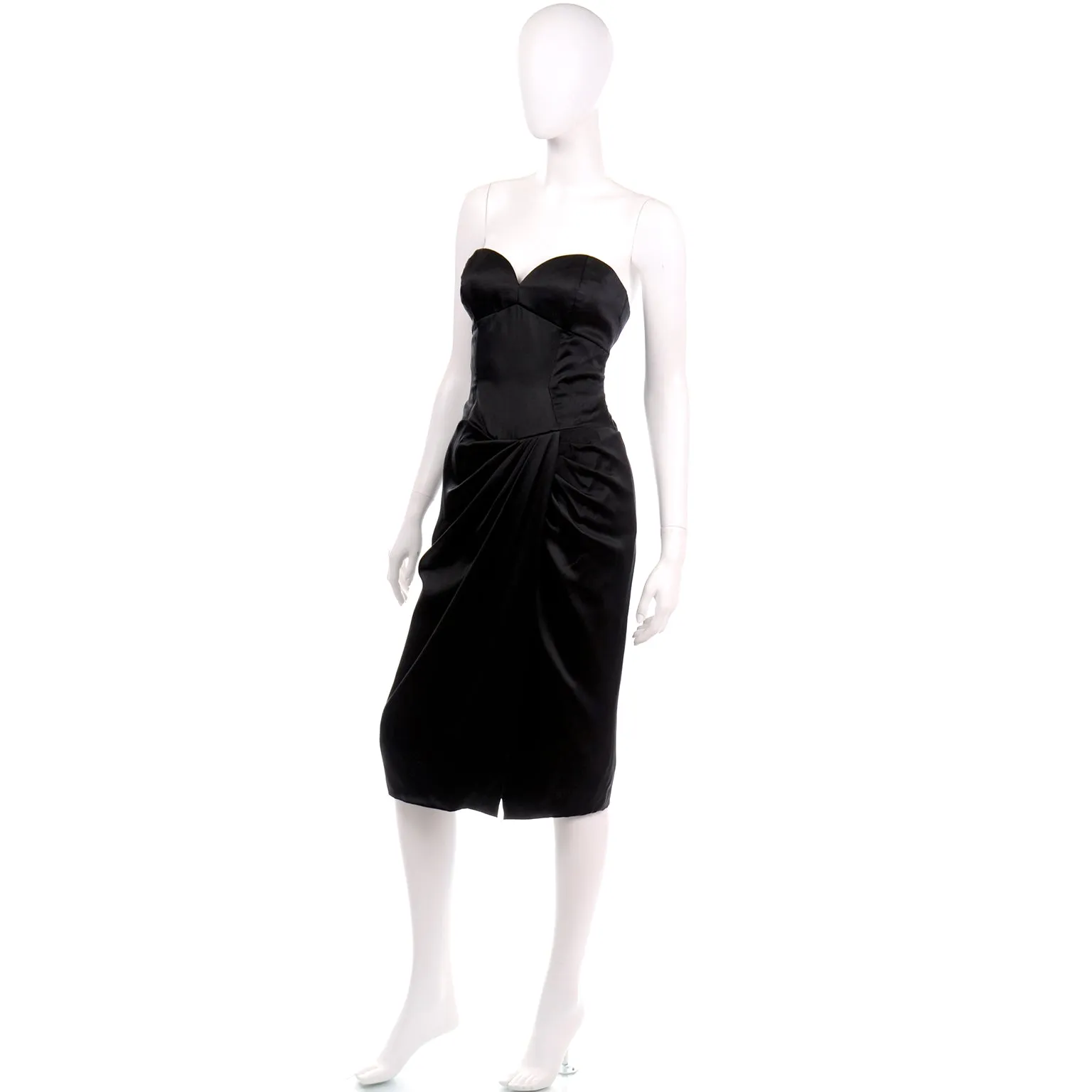 1980s Vicky Tiel Couture Vintage Black Satin Strapless Evening Dress