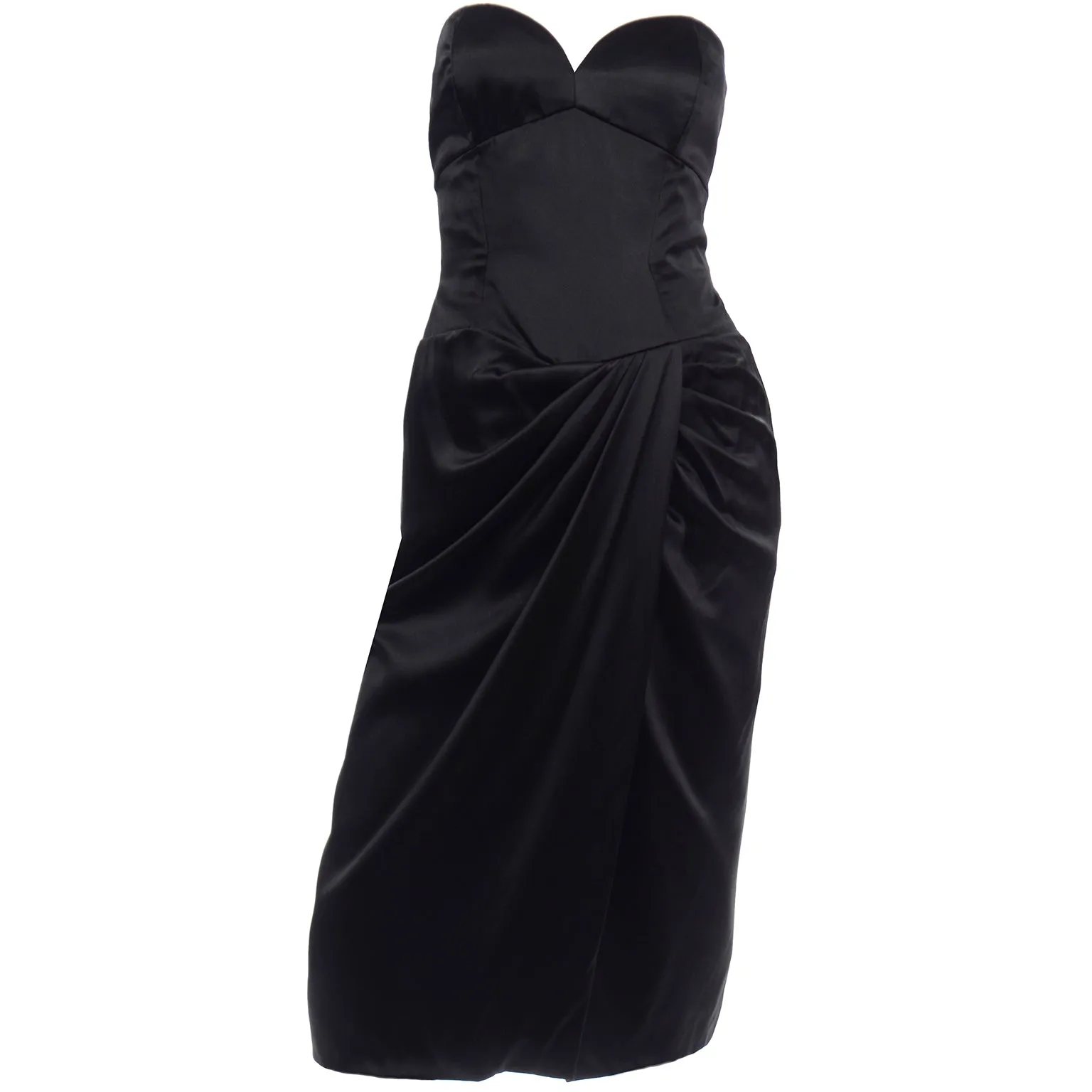 1980s Vicky Tiel Couture Vintage Black Satin Strapless Evening Dress