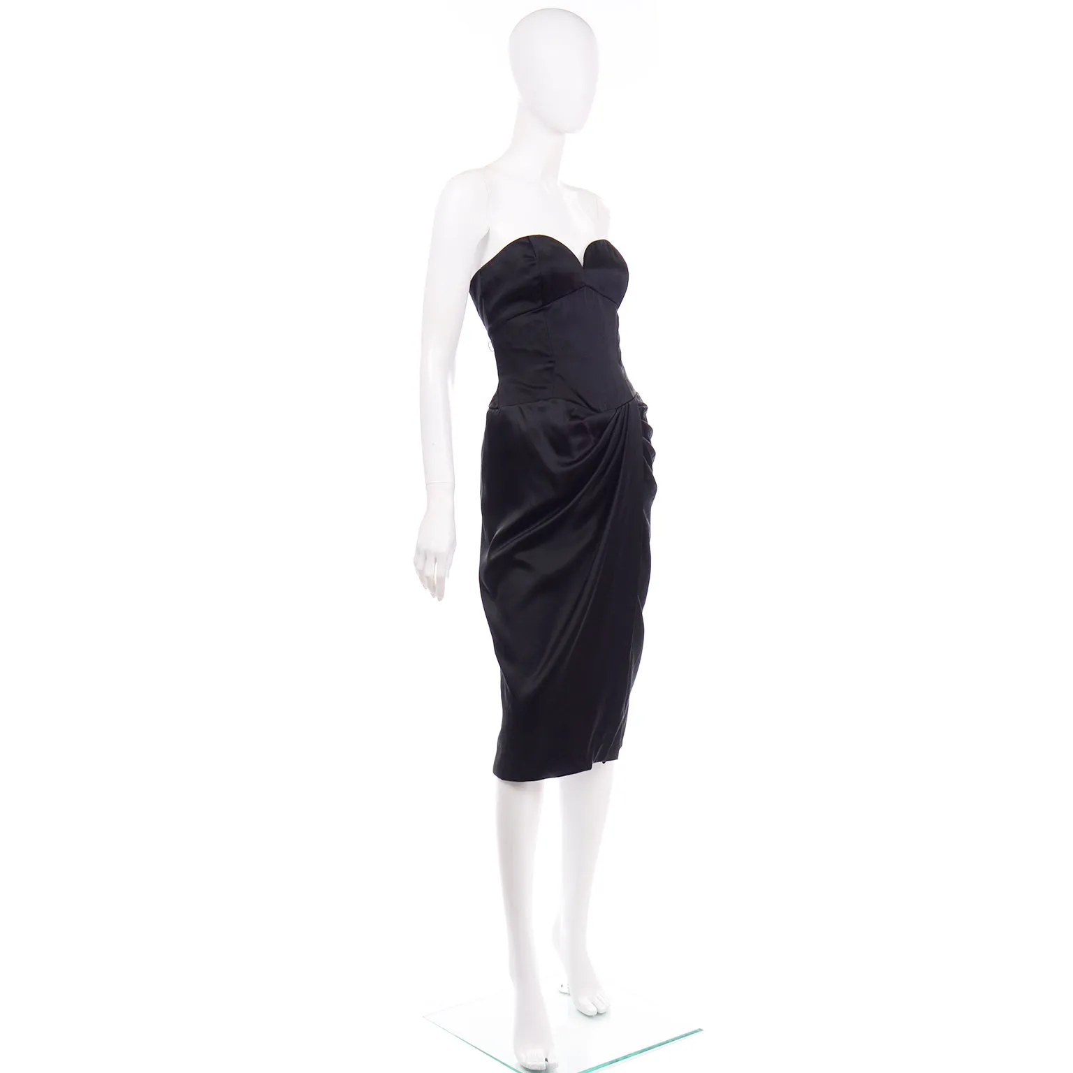 1980s Vicky Tiel Couture Vintage Black Satin Strapless Evening Dress