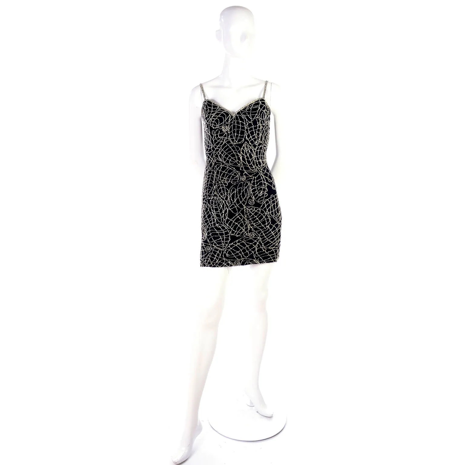 1990s Black Silk Bodycon Dress w/ Silver Beads