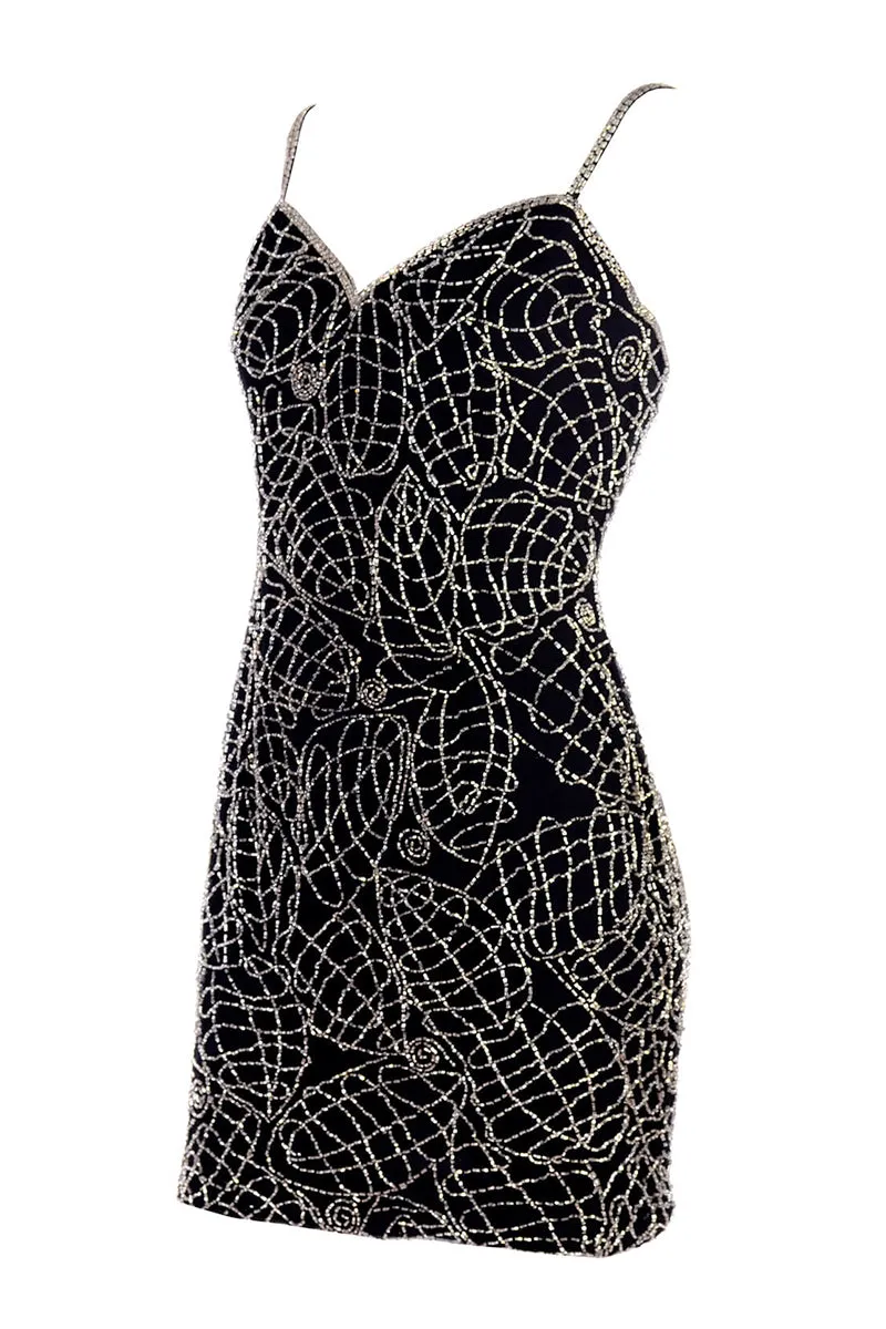 1990s Black Silk Bodycon Dress w/ Silver Beads