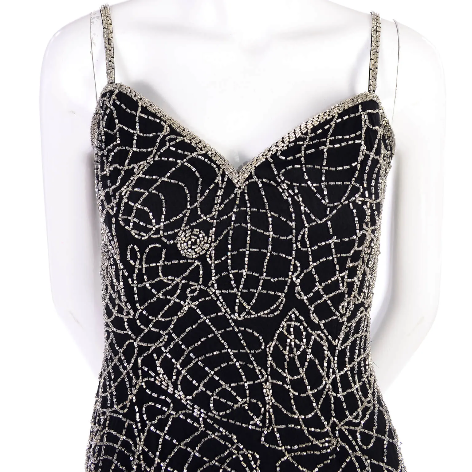 1990s Black Silk Bodycon Dress w/ Silver Beads