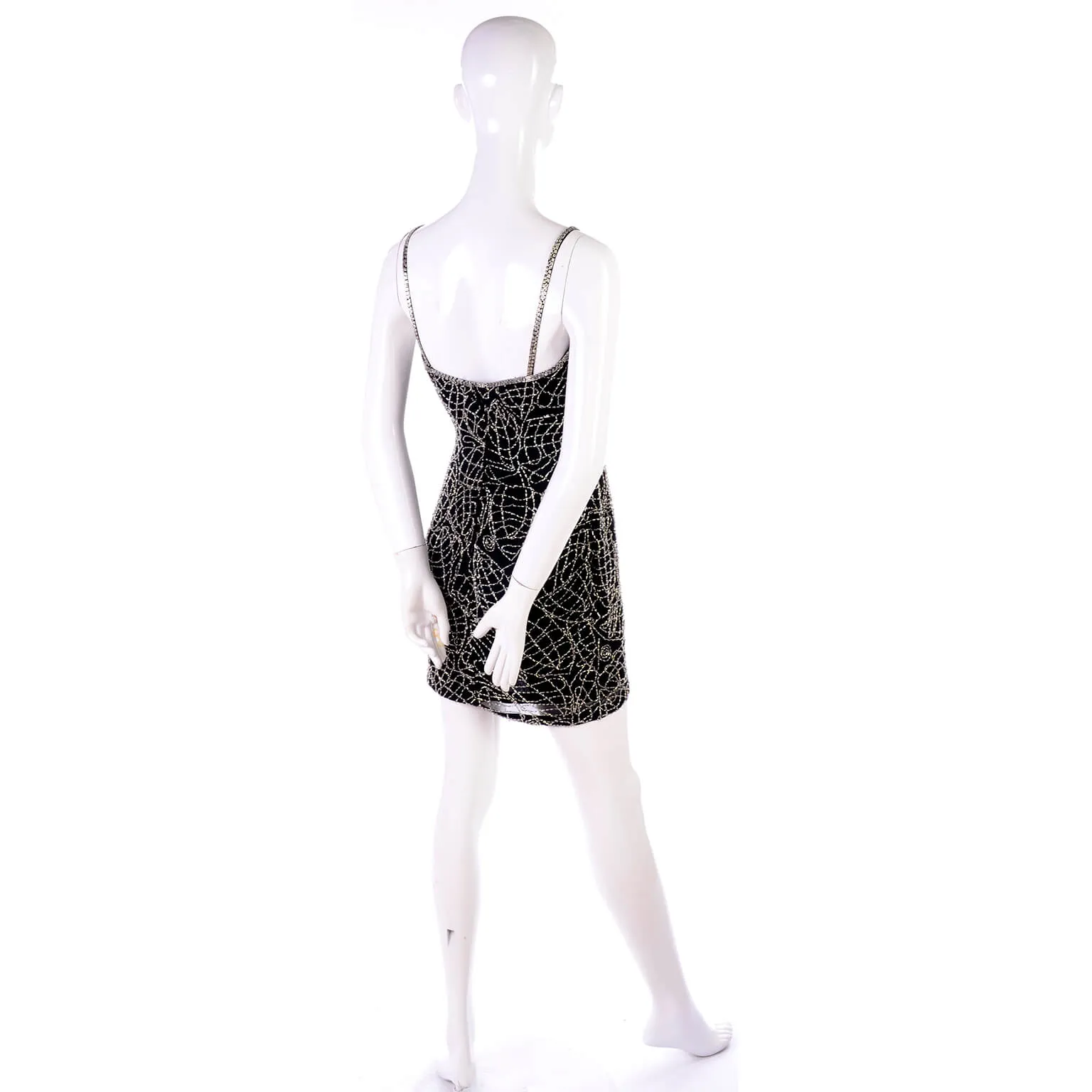 1990s Black Silk Bodycon Dress w/ Silver Beads