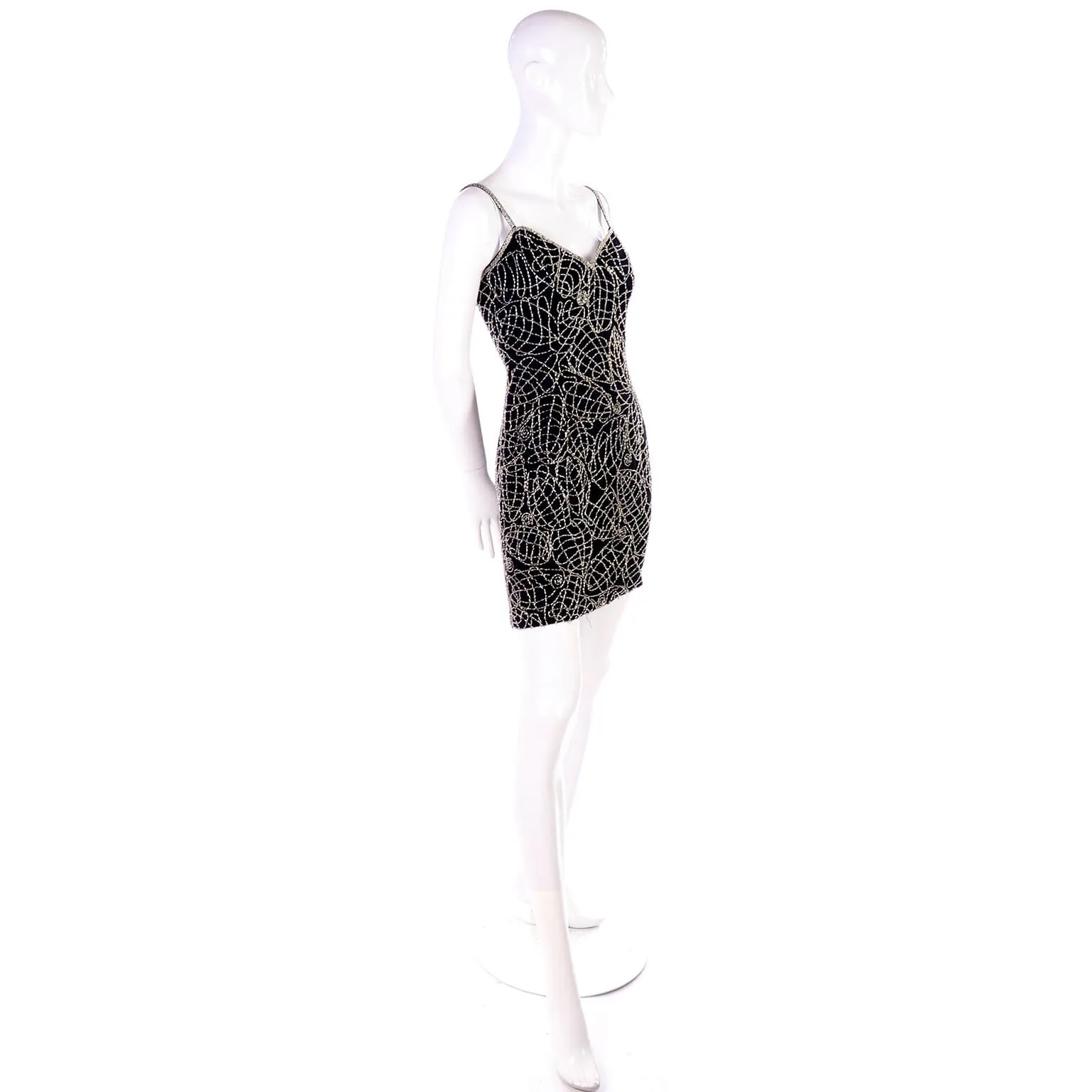 1990s Black Silk Bodycon Dress w/ Silver Beads