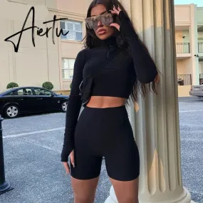 Aiertu  Long Sleeve Zipper High Neck Elastic Sexy Crop Tops Shorts 2-Pieces Summer Autumn Women Fashion Casual Sports Sets