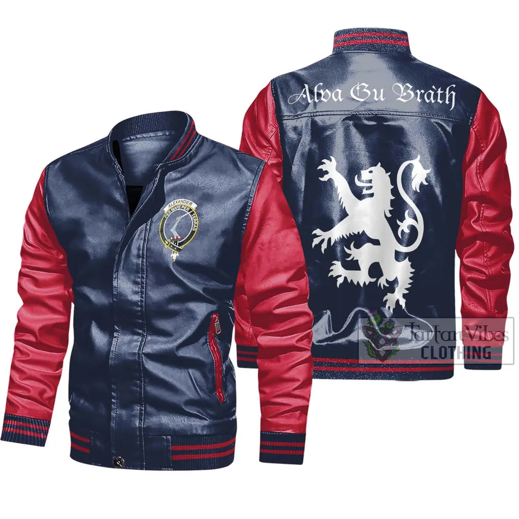 Alexander Family Crest Leather Bomber Jacket Lion Rampant Alba Gu Brath Style