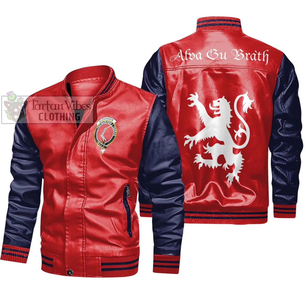 Alexander Family Crest Leather Bomber Jacket Lion Rampant Alba Gu Brath Style