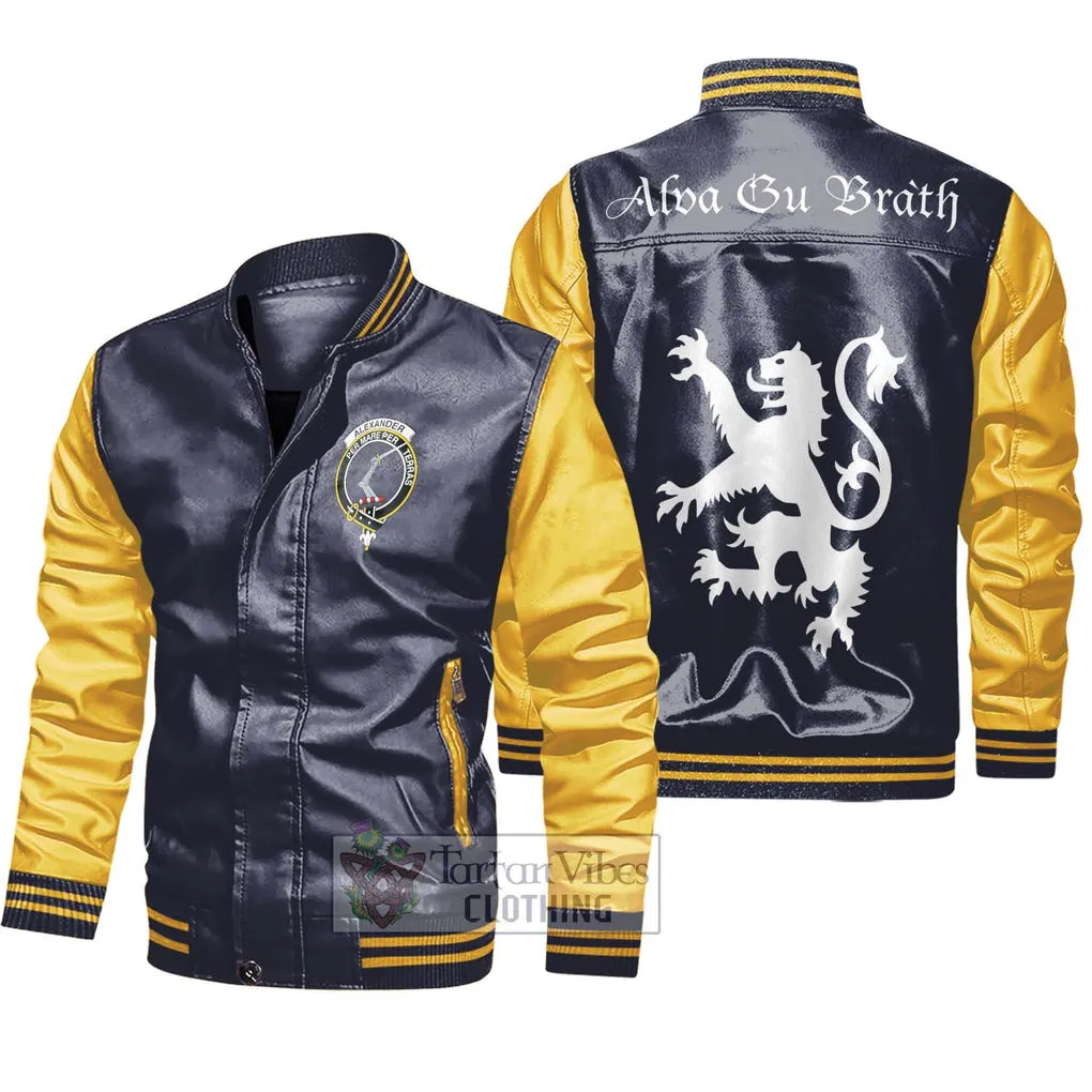 Alexander Family Crest Leather Bomber Jacket Lion Rampant Alba Gu Brath Style