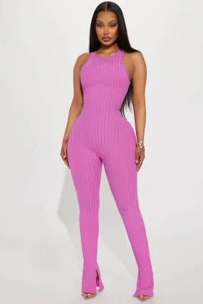 All Or Nothing Ribbed Jumpsuit - Magenta