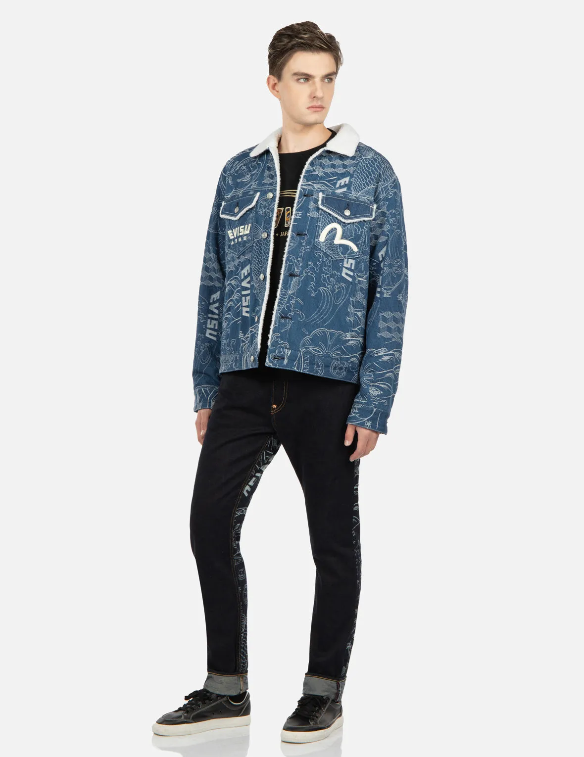 Allover Japanese Pattern Jacquard Sherpa-Lined Denim Jacket