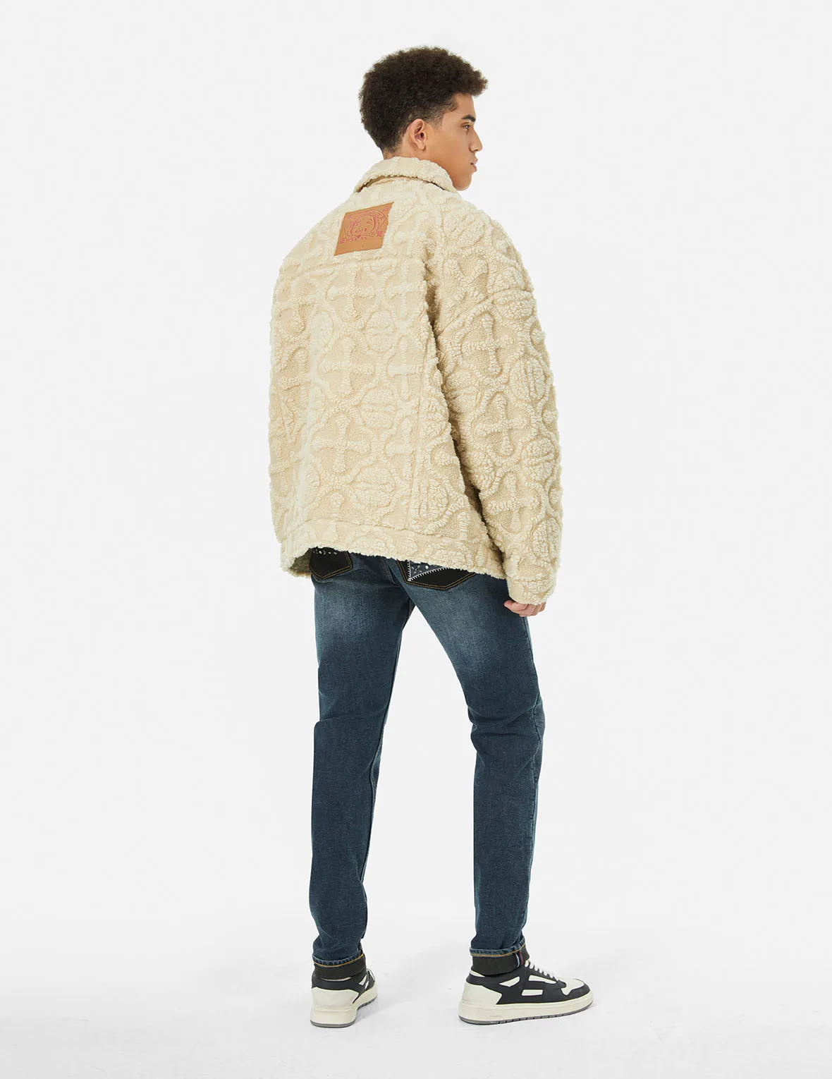 Allover Kamon Jacquard Loose Fit Sherpa Jacket