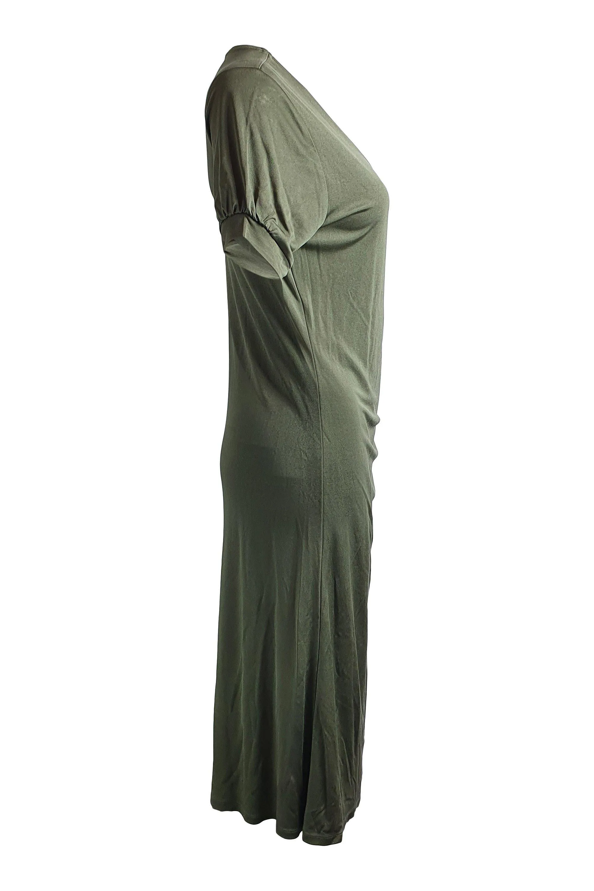 ALLUDE 100% Jersey Silk Khaki Green Gathered Midi Dress (XL)