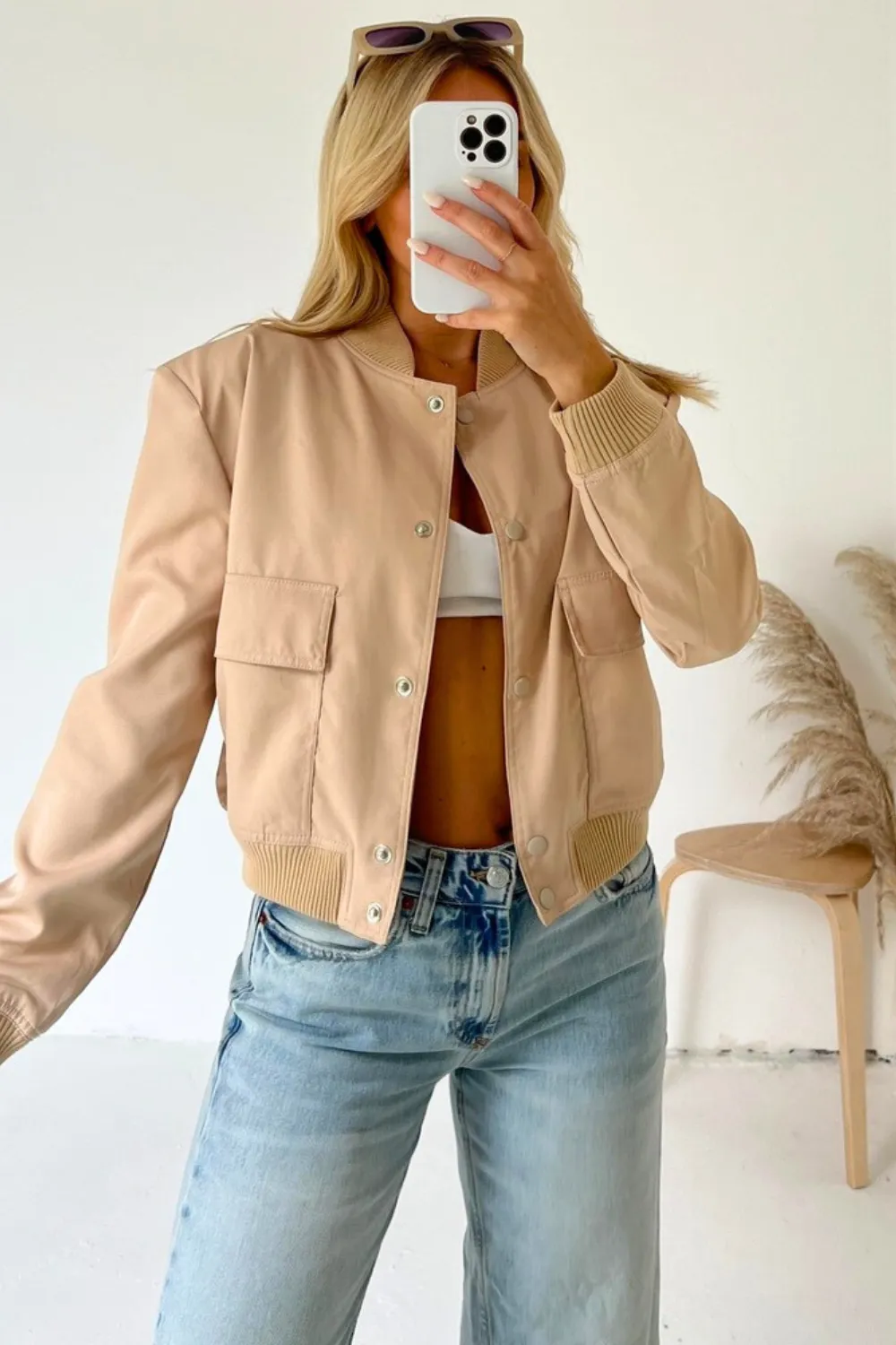 Aria nude cargo bomber jacket