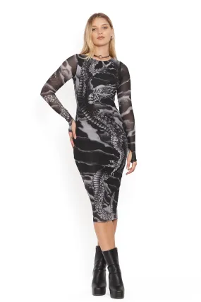 Ascending Dragon Descending Dragon Sheer Long Sleeve Bodycon Midi Dress