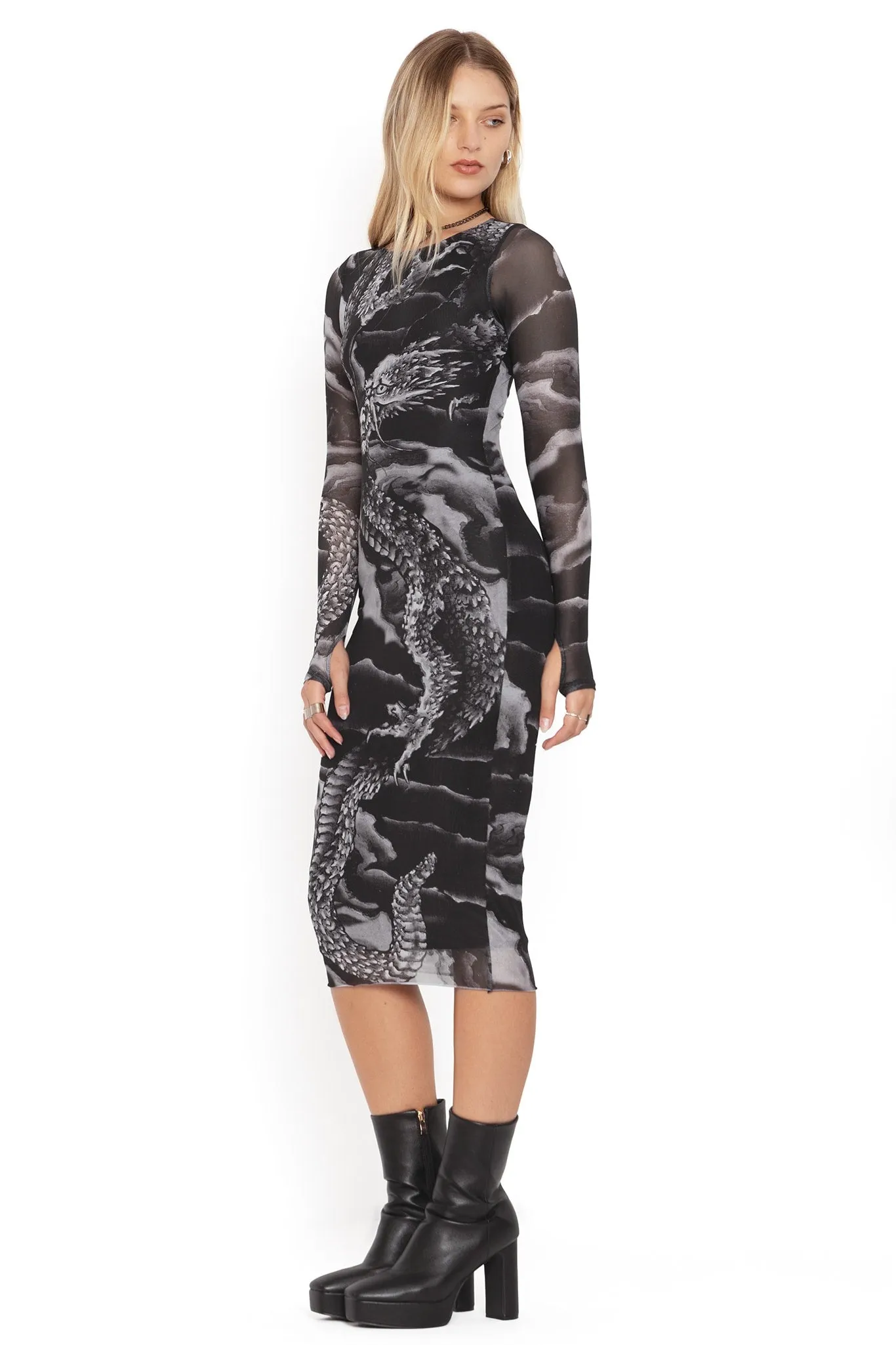 Ascending Dragon Descending Dragon Sheer Long Sleeve Bodycon Midi Dress