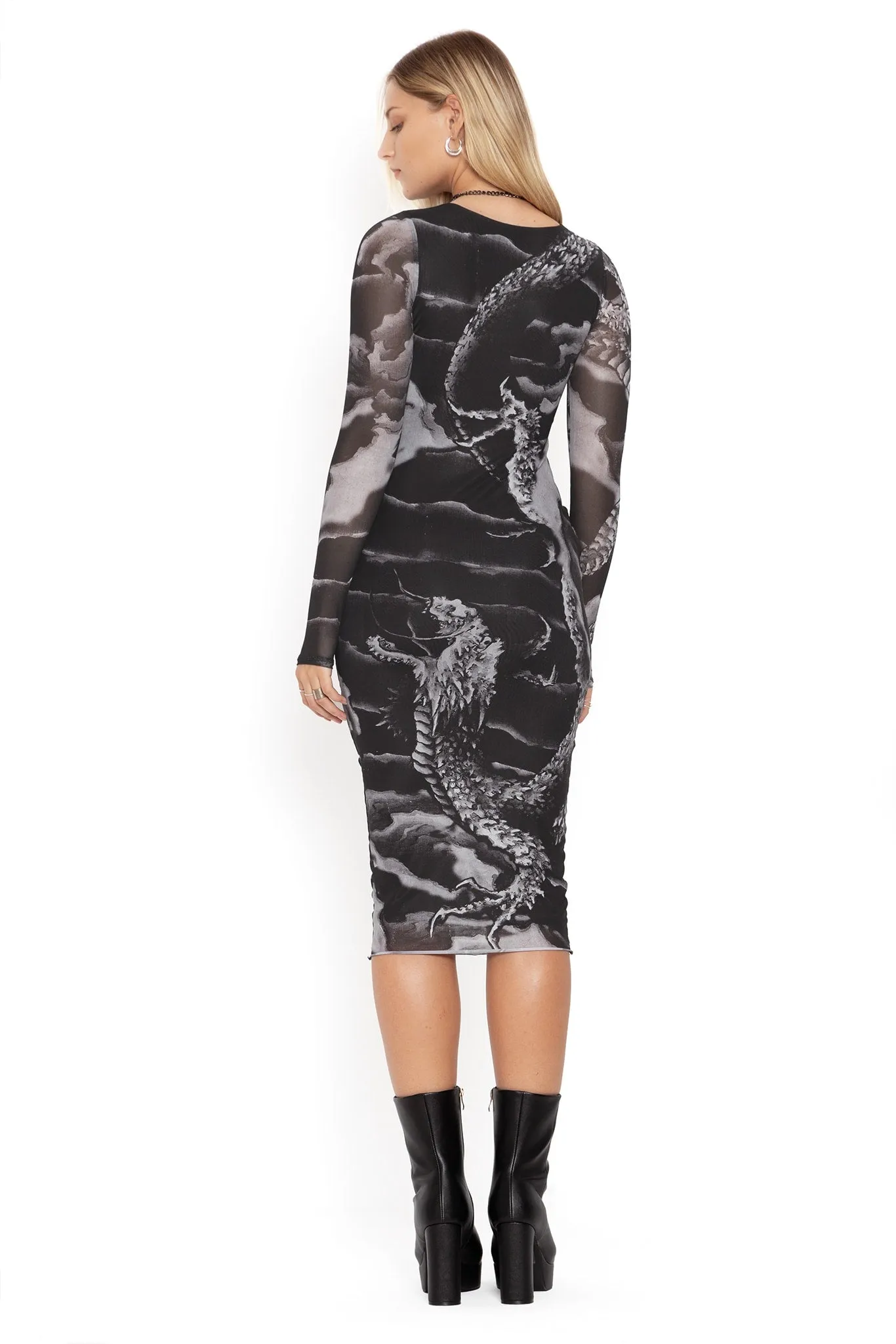 Ascending Dragon Descending Dragon Sheer Long Sleeve Bodycon Midi Dress