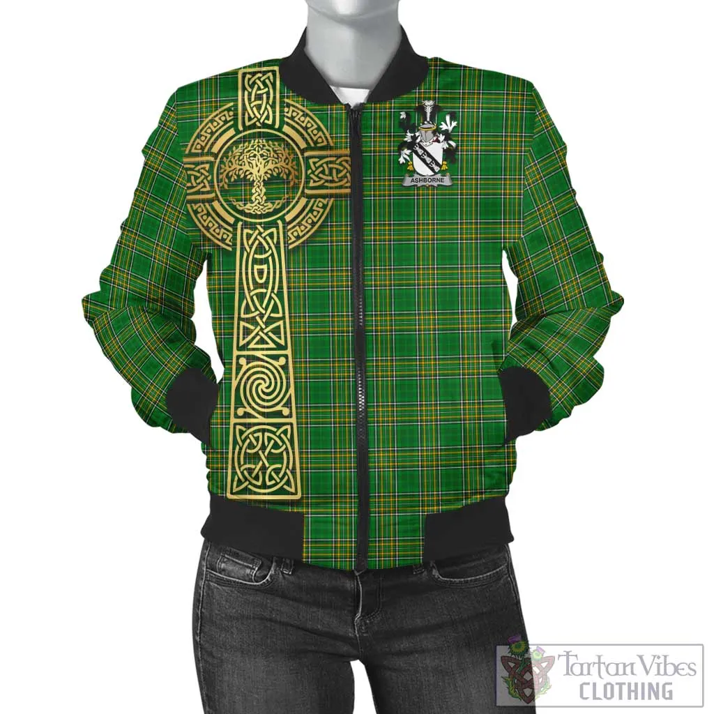 Ashborne Irish Clan Tartan Bomber Jacket with Coat of Arms Celtic Tree of Life Style