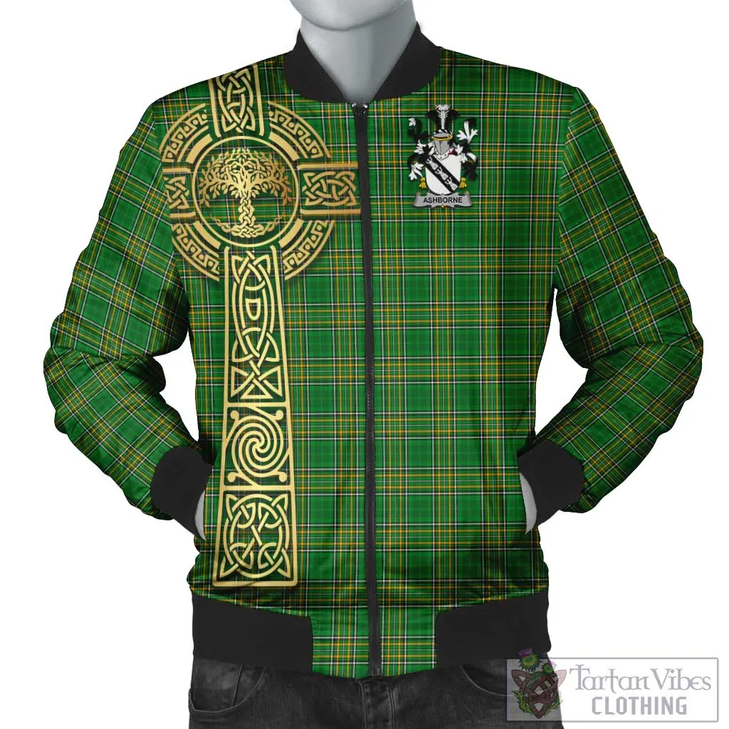 Ashborne Irish Clan Tartan Bomber Jacket with Coat of Arms Celtic Tree of Life Style