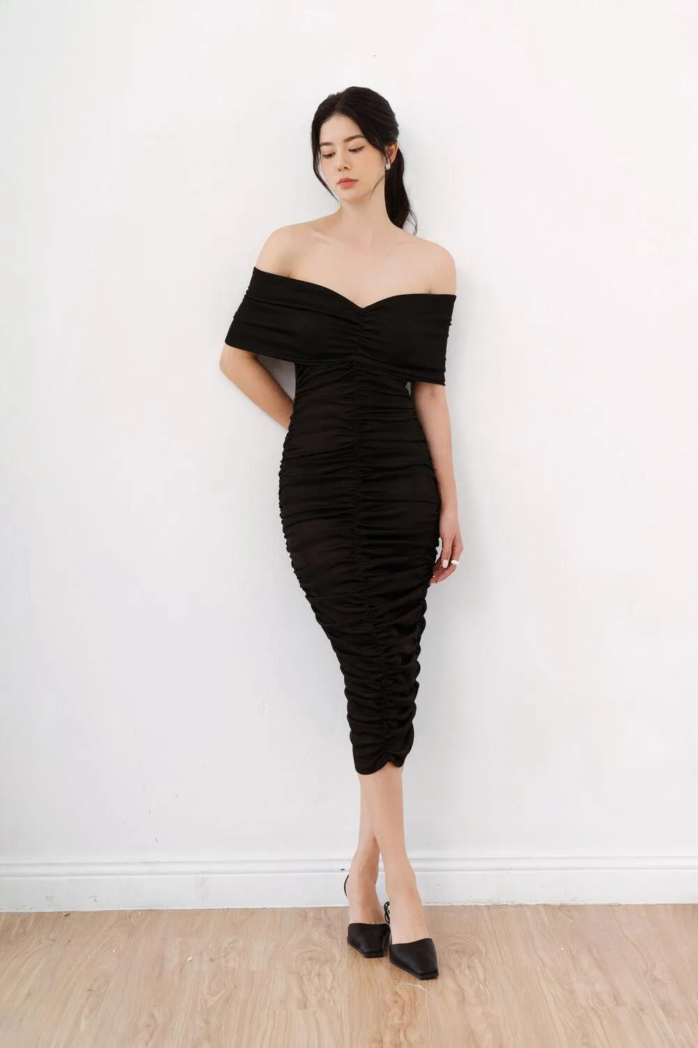 Athena Bodycon Off-Shoulder Silk Wool Midi Dress