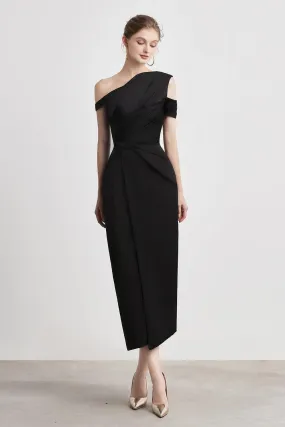 Bauhinia Pencil Pleated Shoulder Silk Spandex Midi Dress