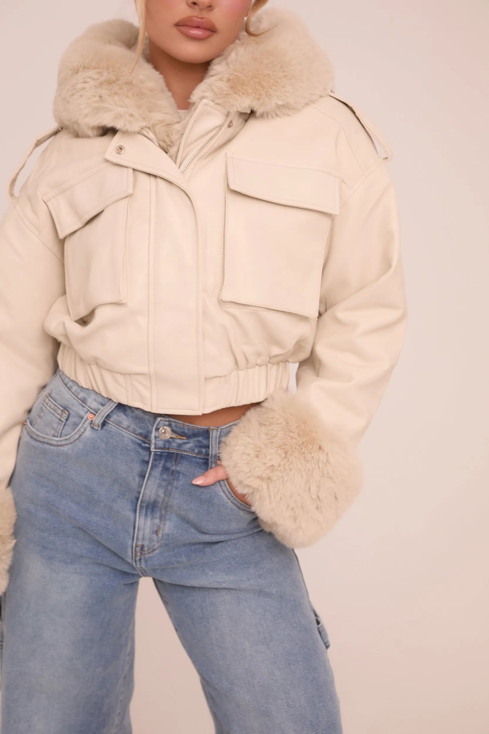 Beige Faux Leather Fur Lined Bomber Jacket - Larna