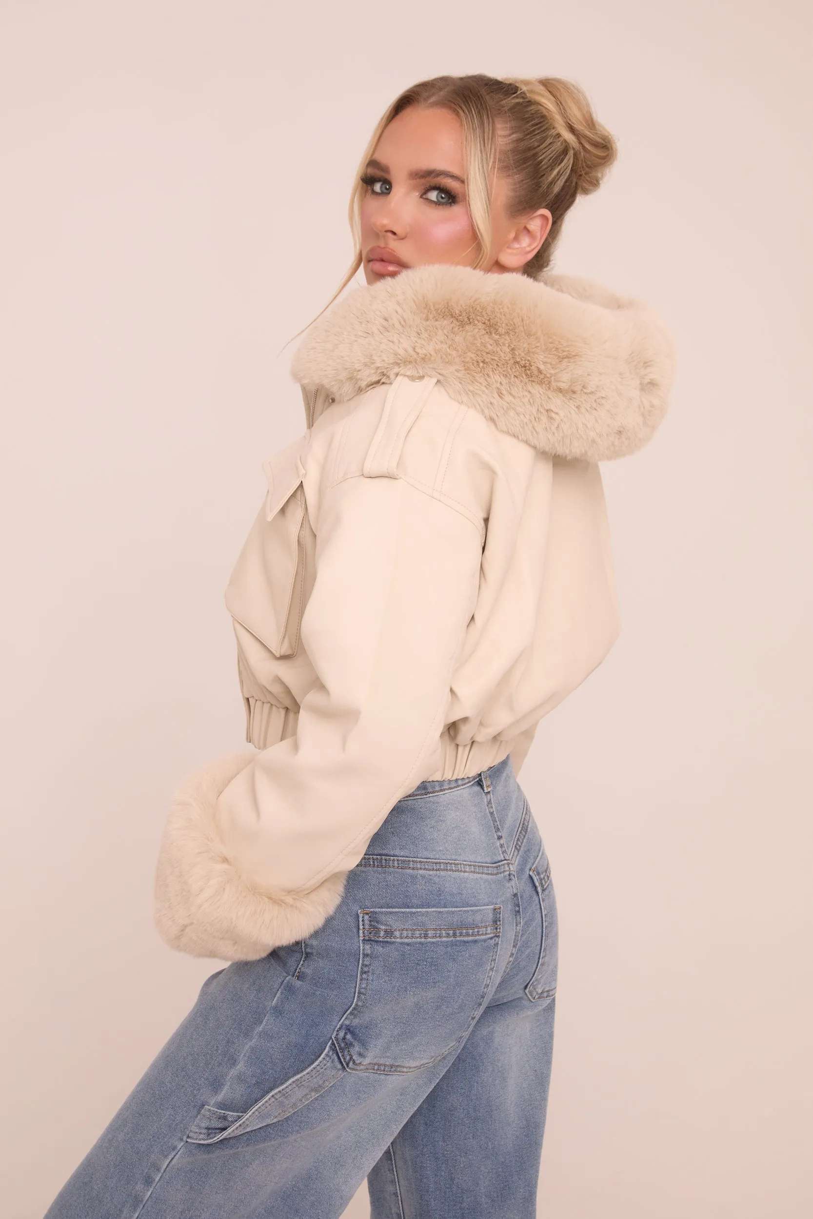 Beige Faux Leather Fur Lined Bomber Jacket - Larna