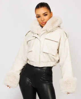 Beige Vegan Leather Faux Fur Trim Hooded Bomber Jacket