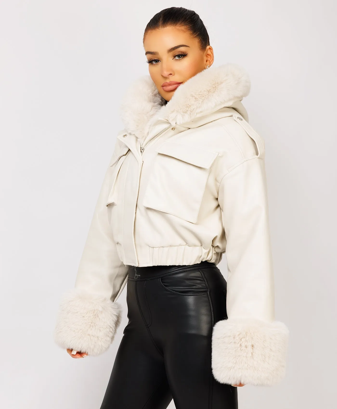 Beige Vegan Leather Faux Fur Trim Hooded Bomber Jacket