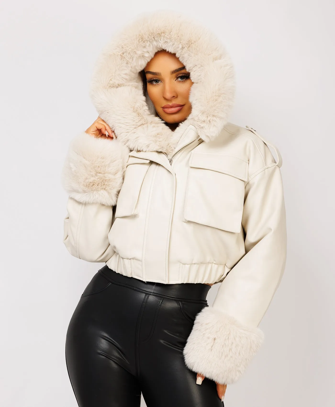 Beige Vegan Leather Faux Fur Trim Hooded Bomber Jacket