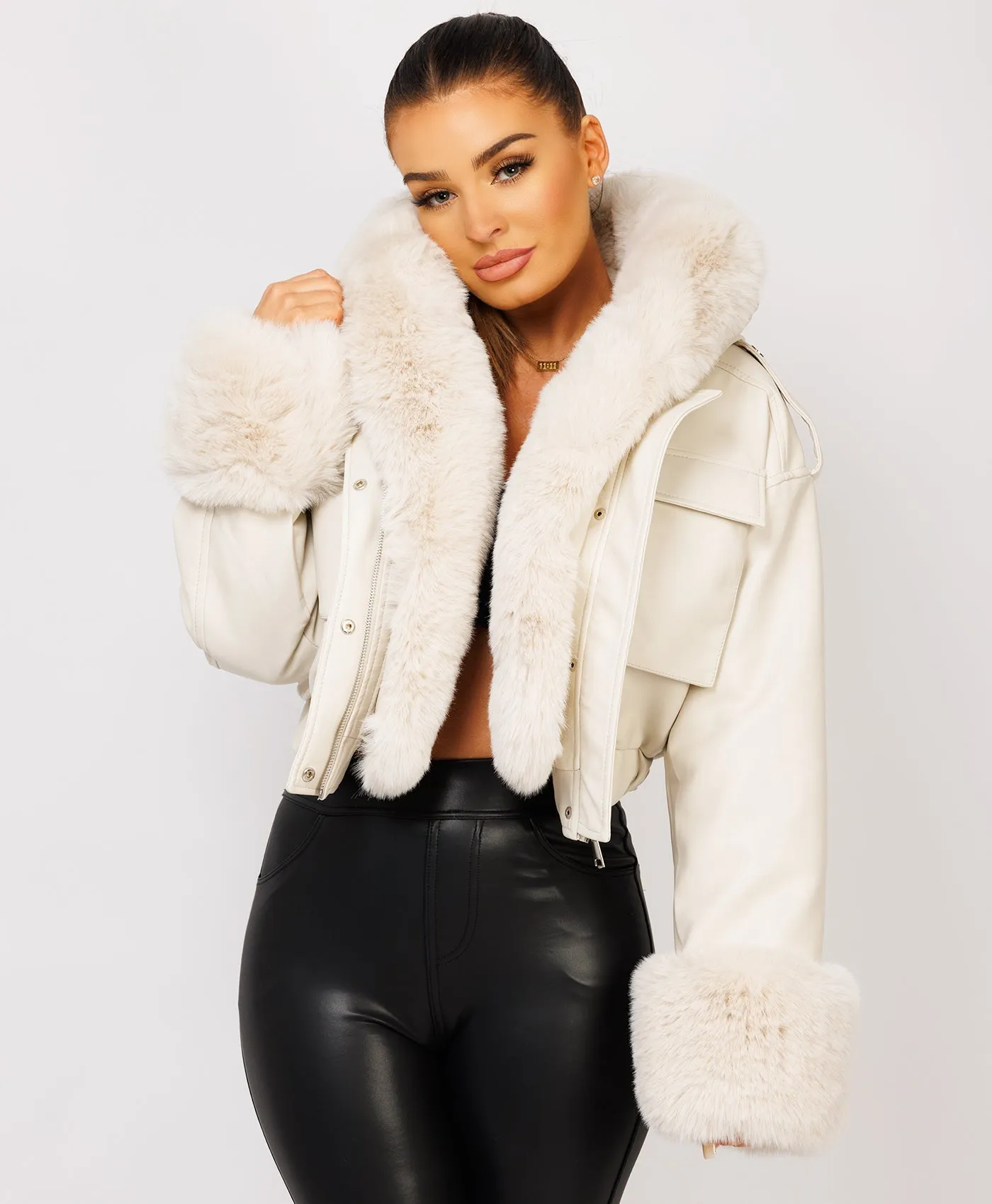 Beige Vegan Leather Faux Fur Trim Hooded Bomber Jacket