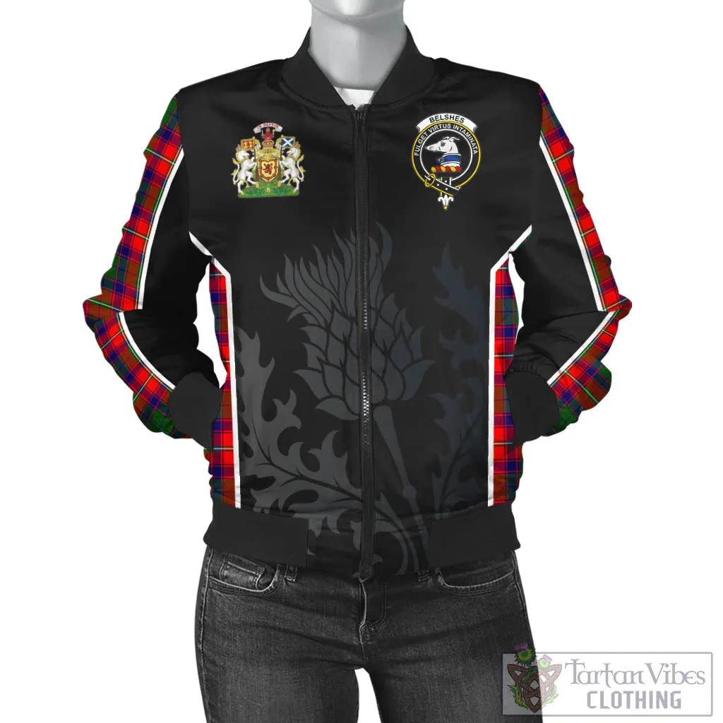 Belshes Tartan Bomber Jacket with Family Crest and Scottish Thistle Vibes Sport Style