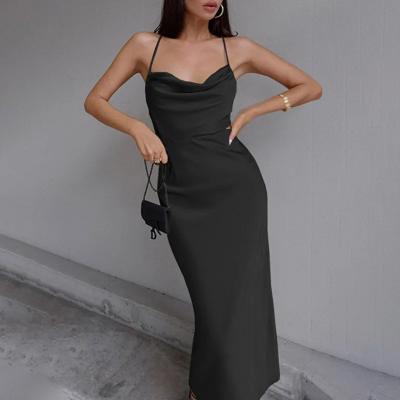 BerriesJam - Backless Satin Straps Silk Sexy Bodycon Lace Up Dress