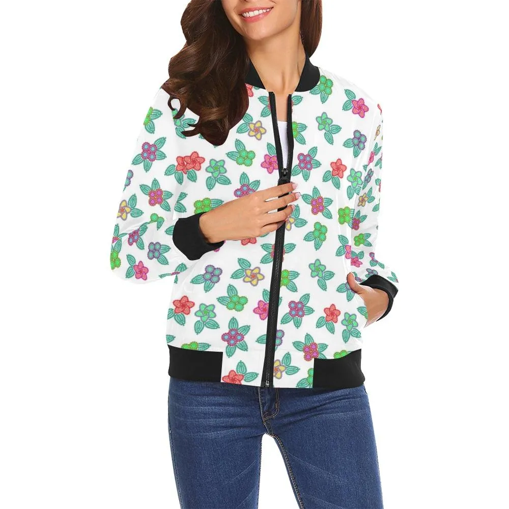 Berry Flowers White Bomber Jacket for Women