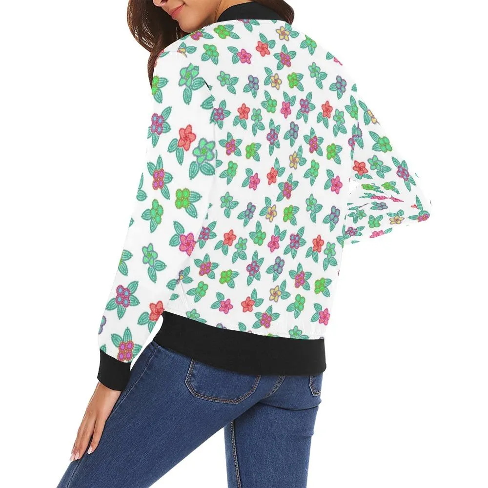 Berry Flowers White Bomber Jacket for Women