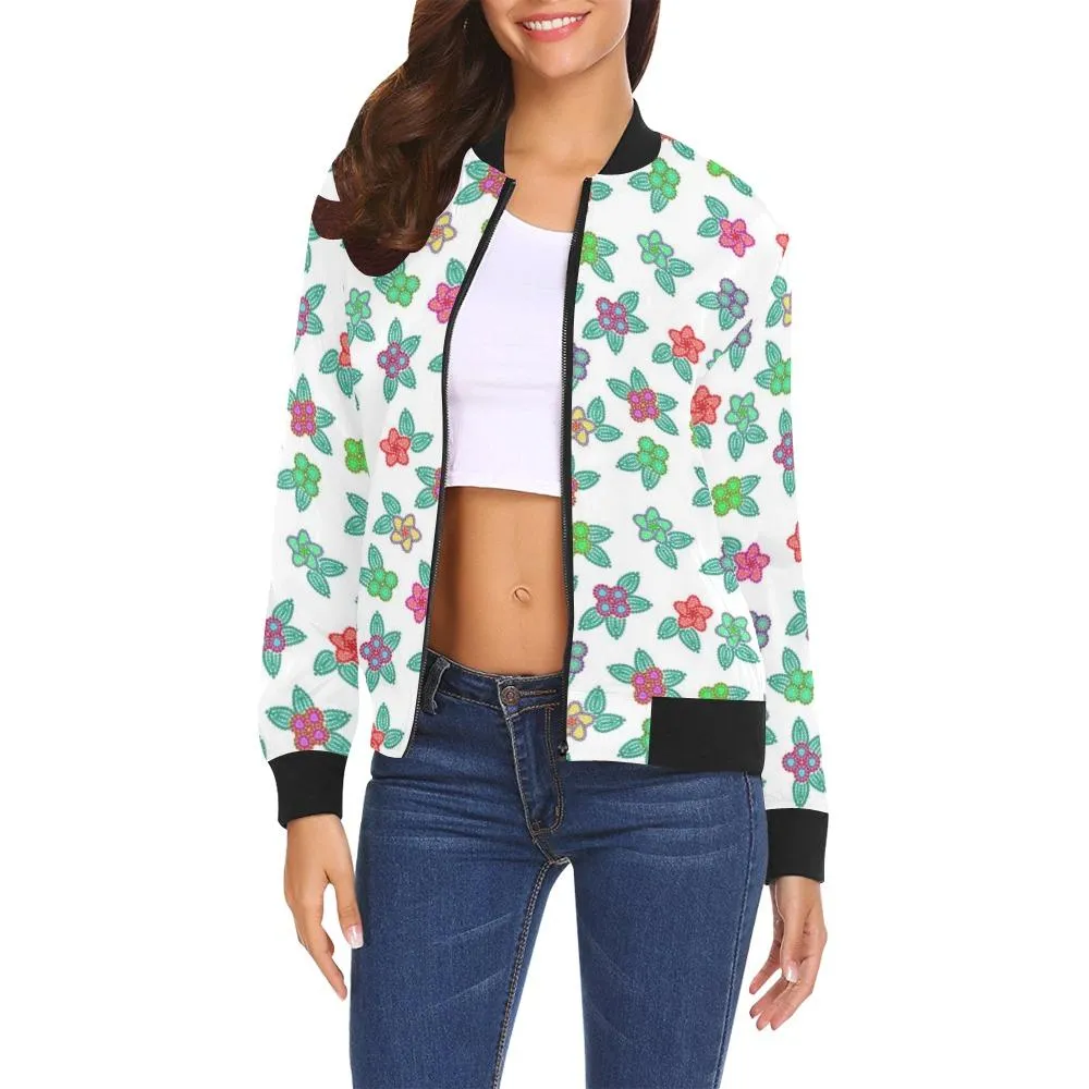 Berry Flowers White Bomber Jacket for Women