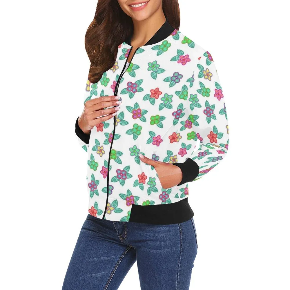 Berry Flowers White Bomber Jacket for Women