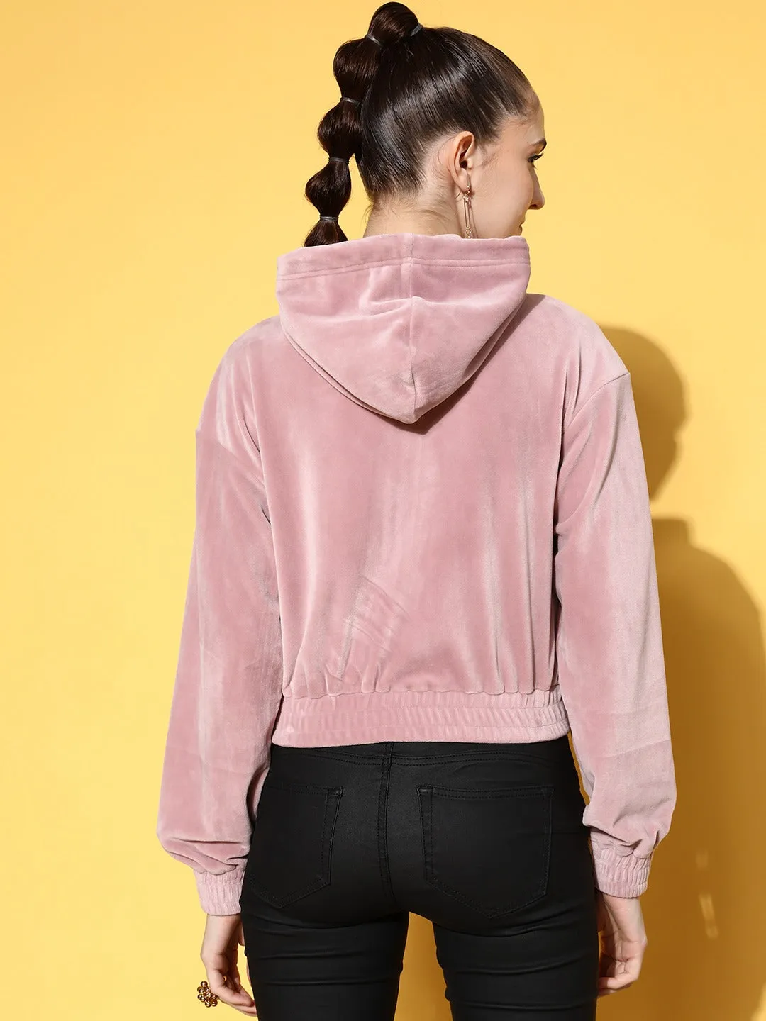 Berrylush Women Solid Pink Hooded Front Zipper Straight Hem Crop Bomber Jacket