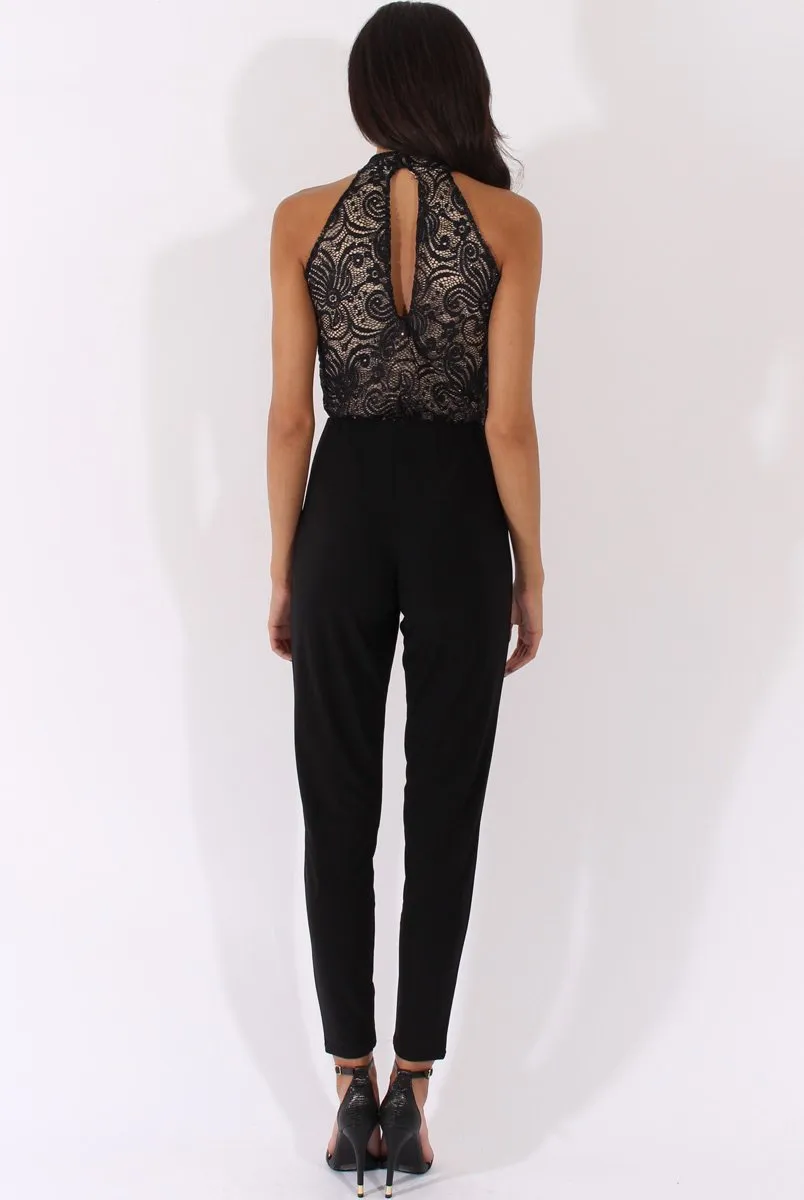 Black And Nude Glitter Lace High Neck Jumpsuit - Abella