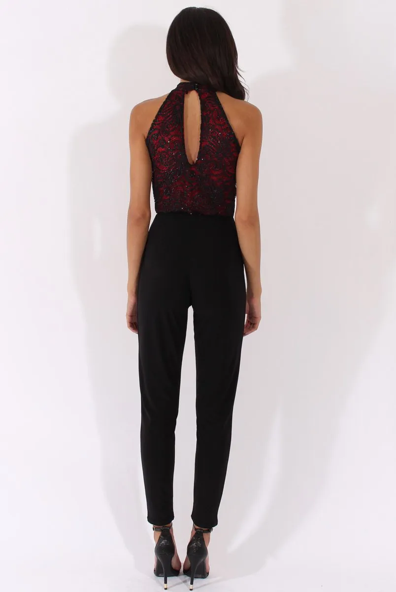 Black And Red Glitter Lace High Neck Jumpsuit - Abella