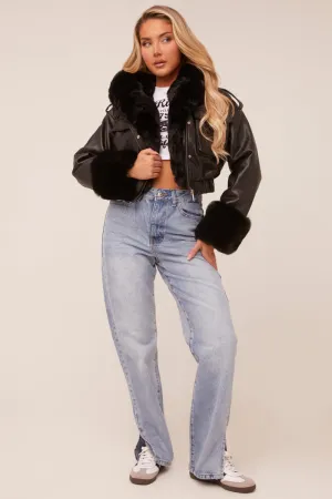 Black Faux Leather Fur Lined Bomber Jacket - Larna