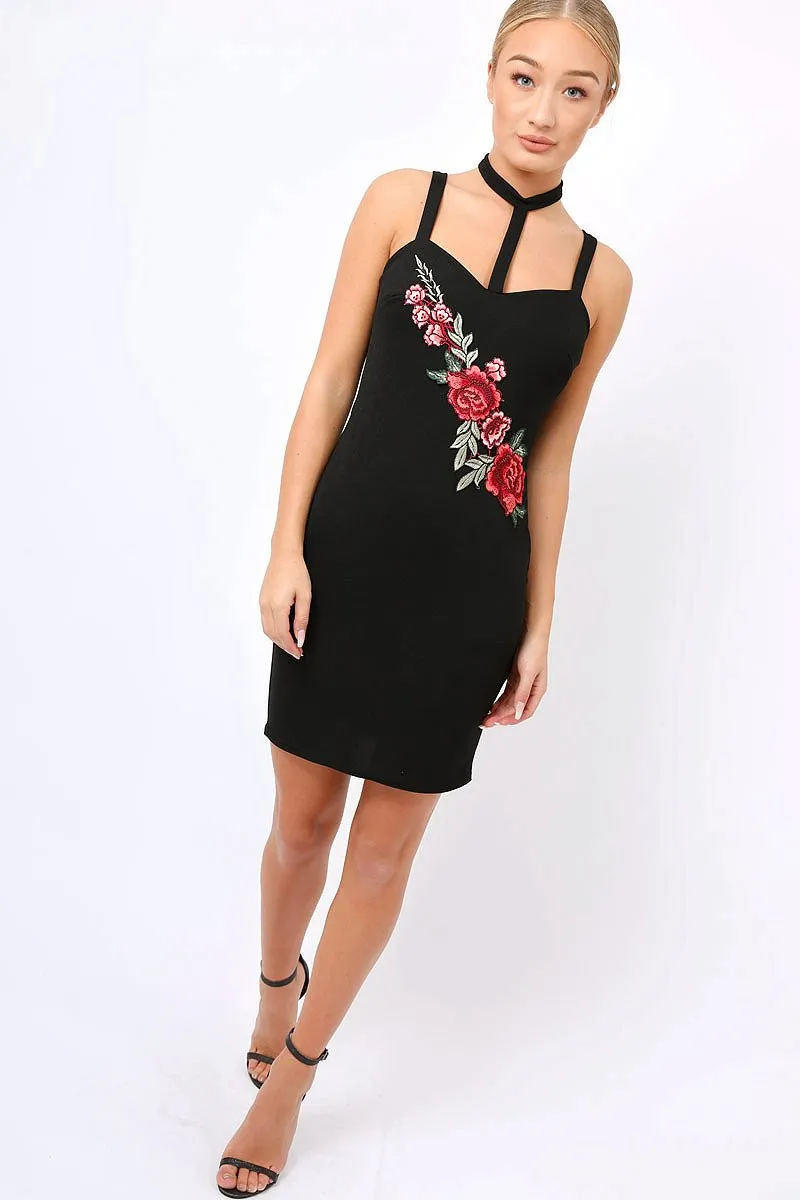 Black Floral Embroidered Choker Dress - Fawn