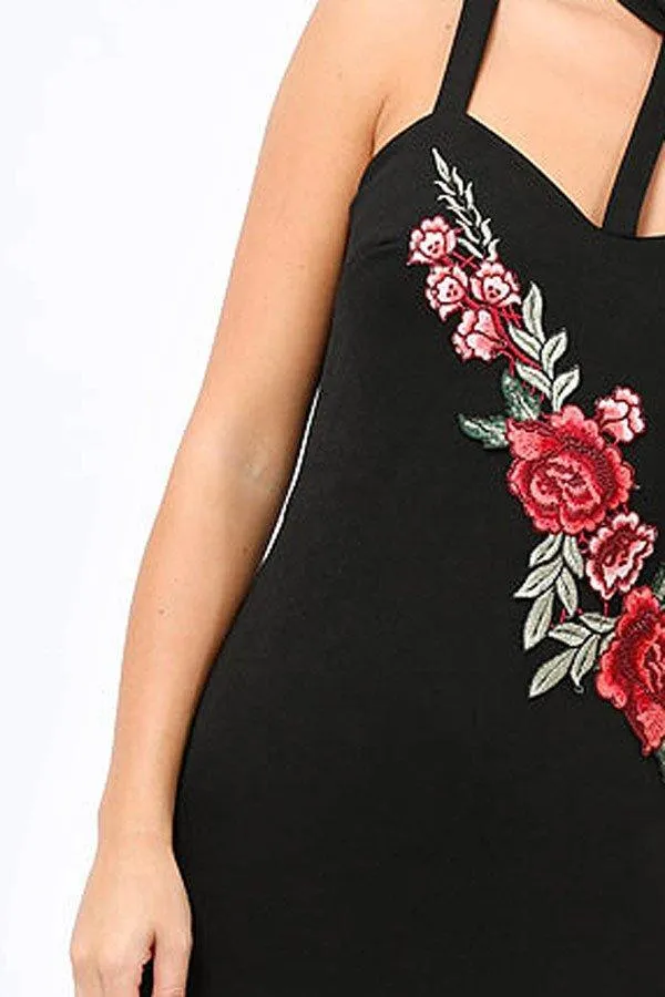 Black Floral Embroidered Choker Dress - Fawn