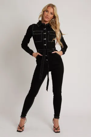 Black Long Sleeve Contrast Stitch Jumpsuit - Jan