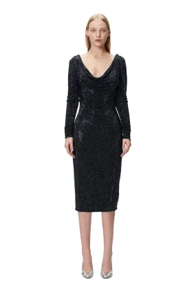 Black Long Sleeve Cowl Neck Backless Sequin Bodycon Evening Midi Dress