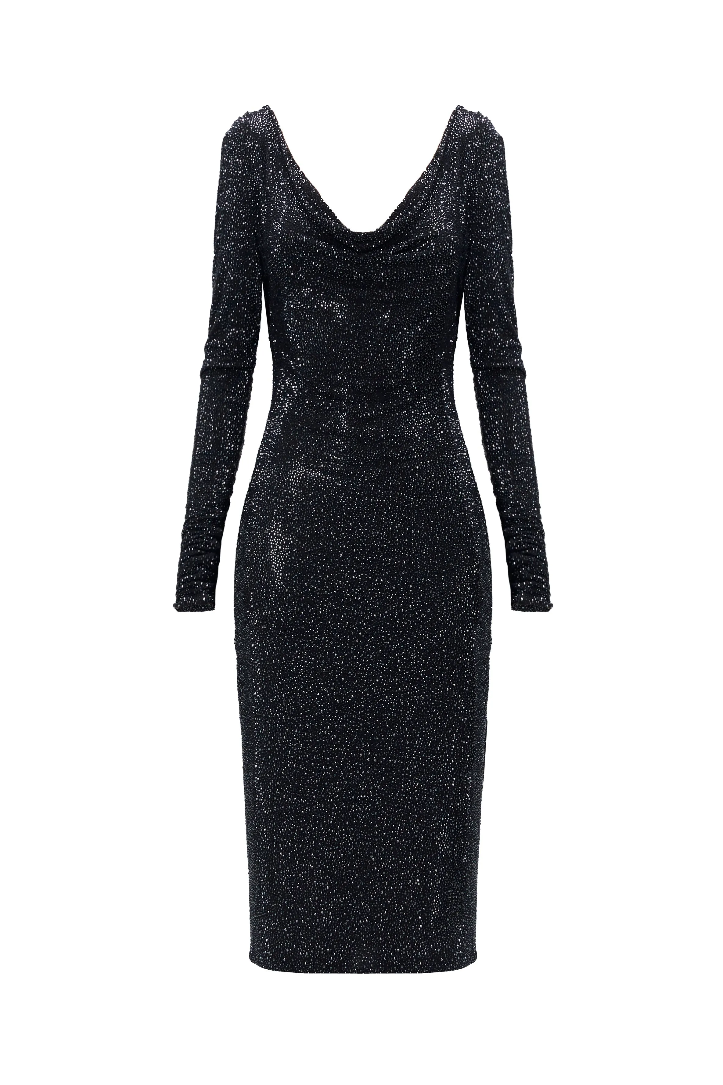 Black Long Sleeve Cowl Neck Backless Sequin Bodycon Evening Midi Dress