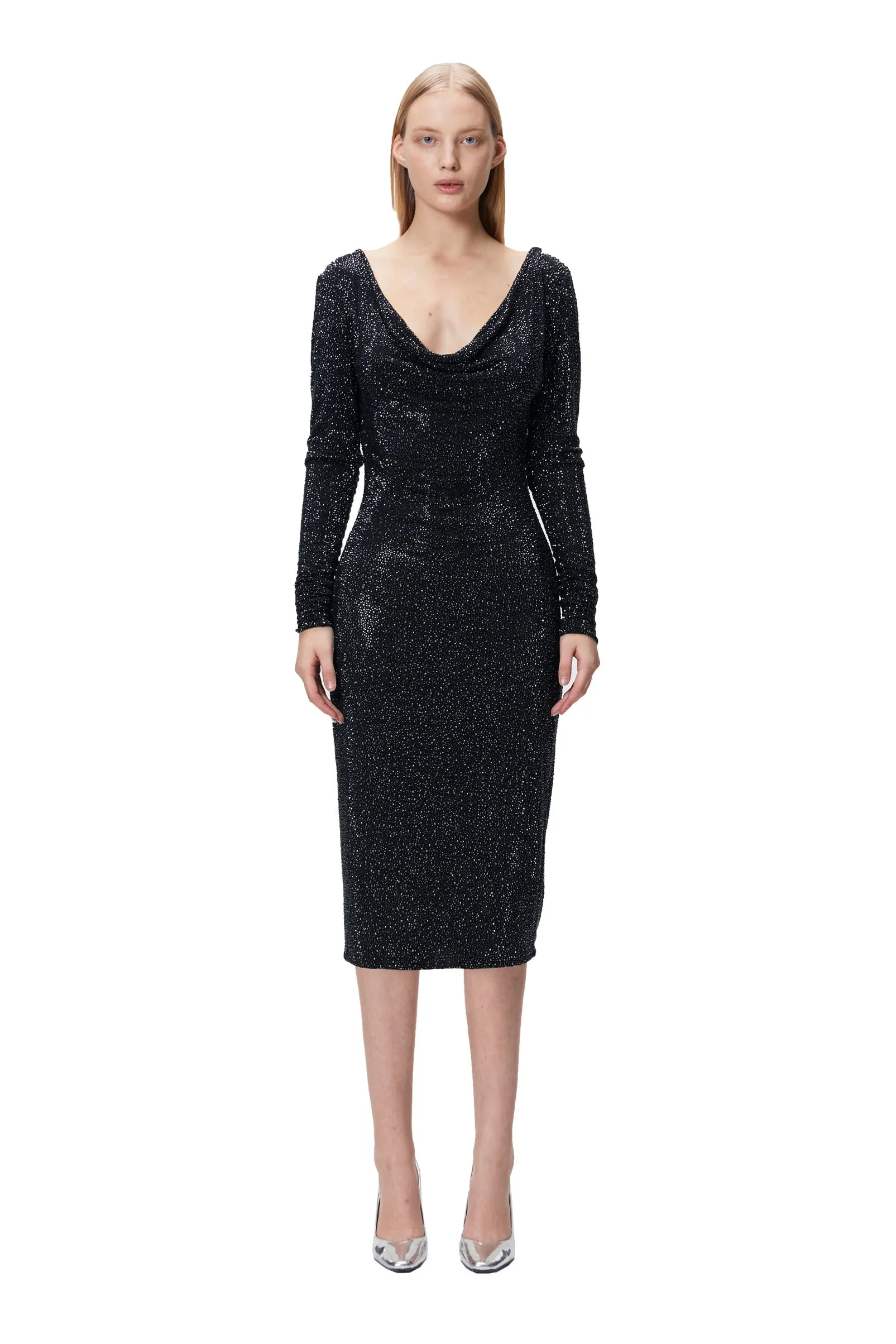 Black Long Sleeve Cowl Neck Backless Sequin Bodycon Evening Midi Dress