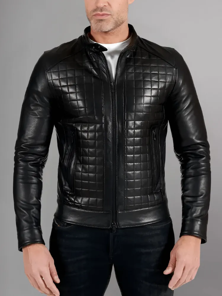 Black nappa lamb leather biker jacket checked quilted